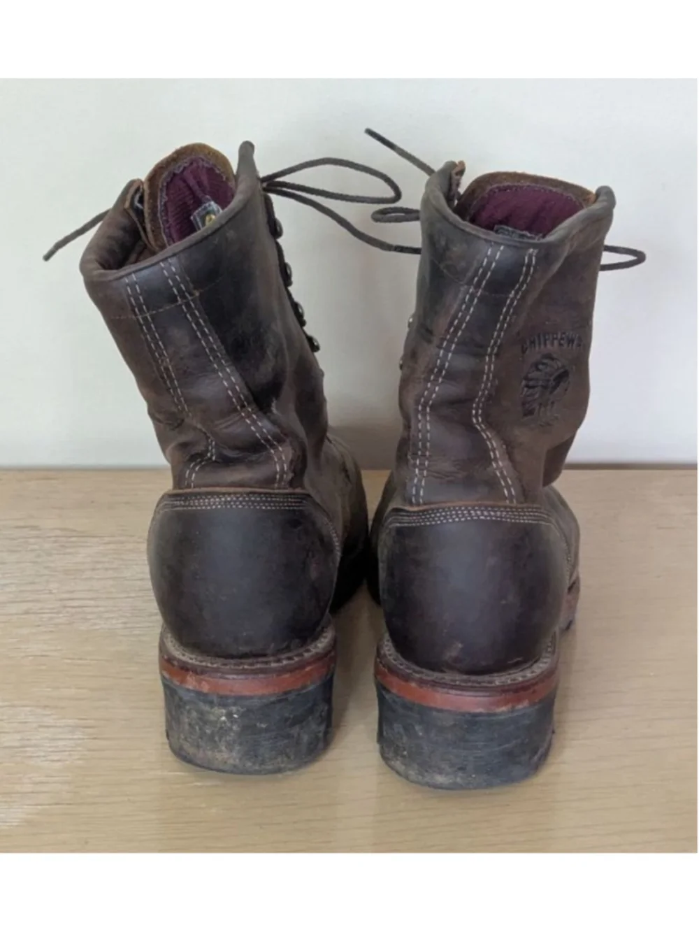 Men's Chippewa Brown Leather Work Boots 9.5 with Red Accents